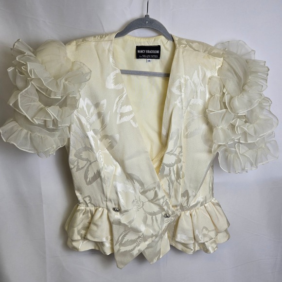 nancy bracolini Tops - Vtg Nancy Bracoloni Nilani Nites Ruffle Sleeve Floral Blouse, Ivory/White, Sz 14